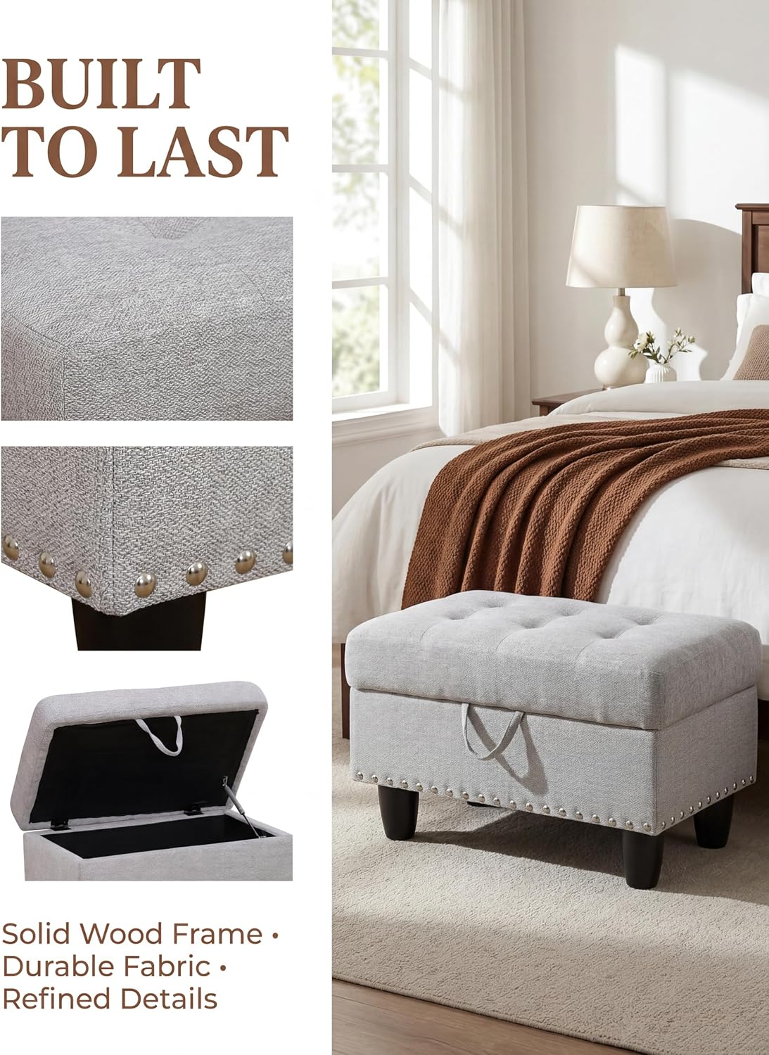 28.5" Upholstered Storage Ottoman Bench Gray White