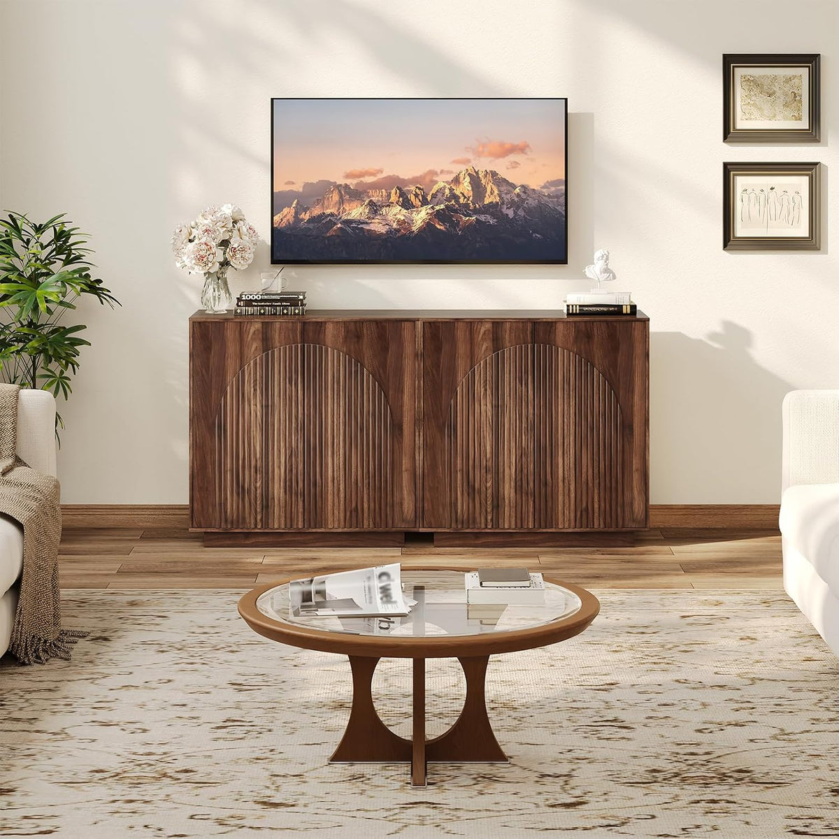 Walnut Push‑Open Buffet Sideboard Cabinet