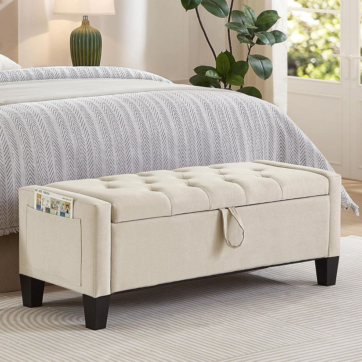 Modern Linen Tufted Storage Ottoman Bench