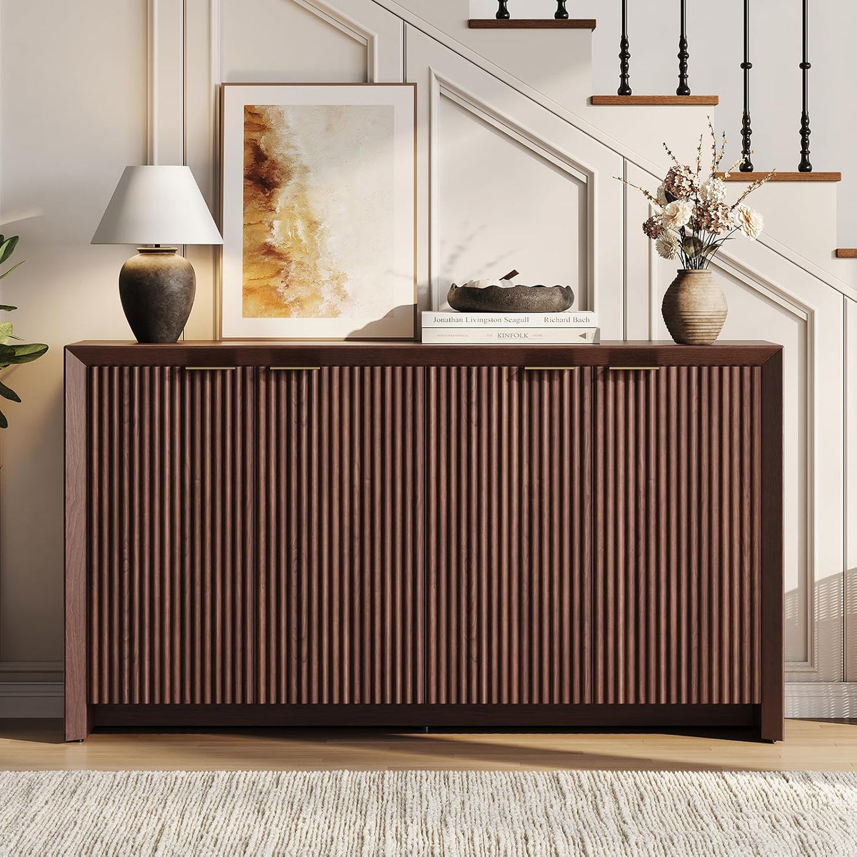Dark Walnut Modern Fluted Sideboard Cabinet