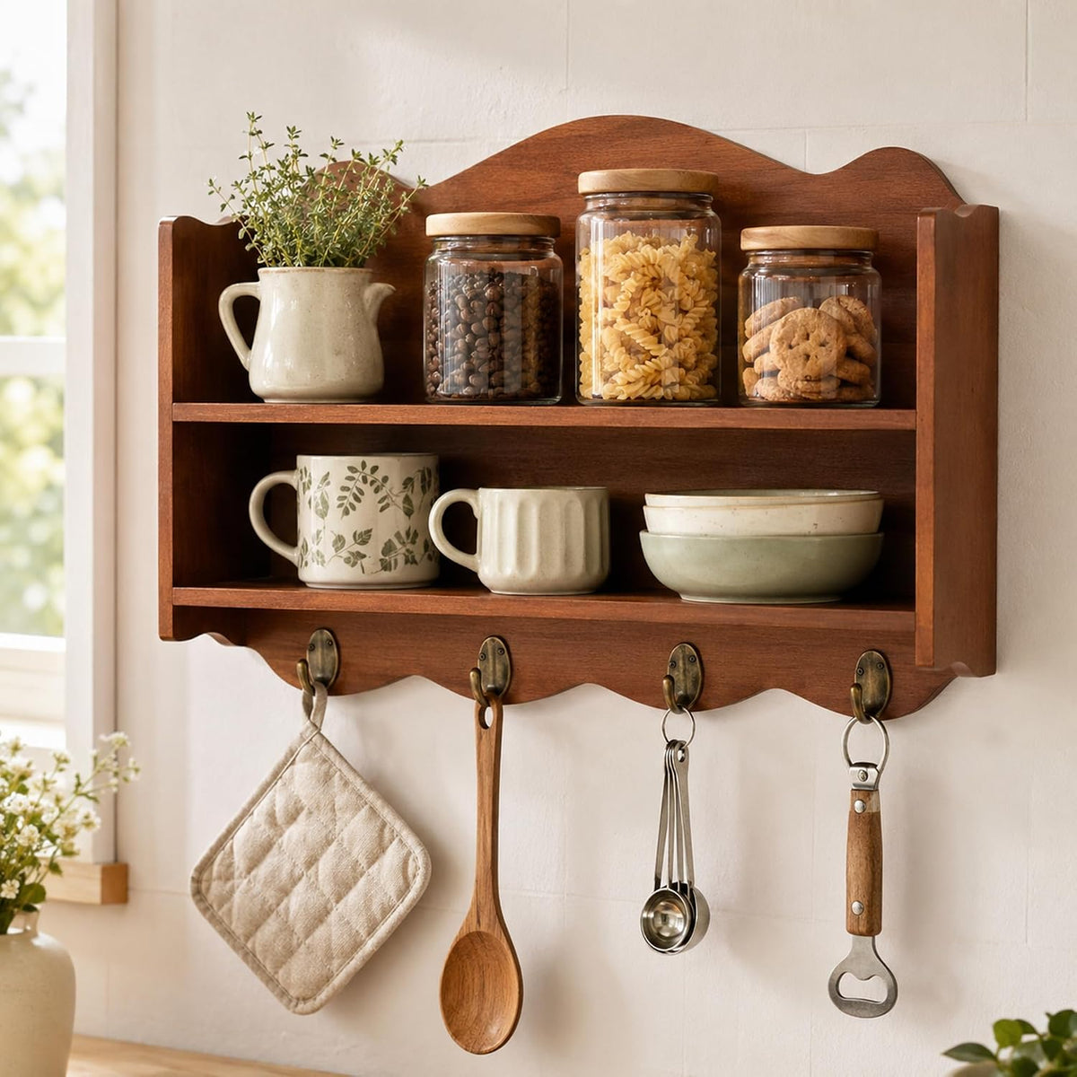 Vintage Solid Wood Wall Shelf with Metal Hooks