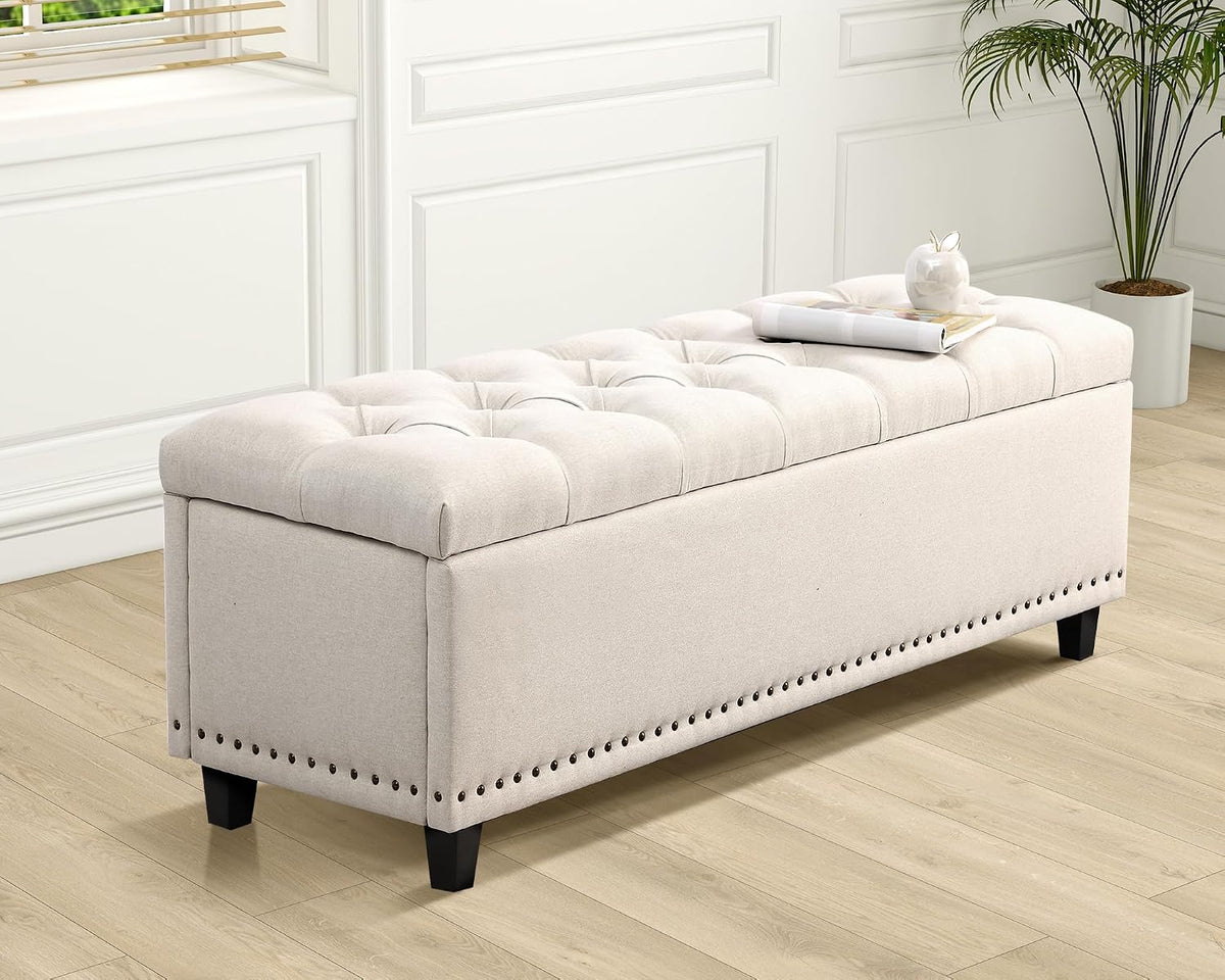 51" Beige Tufted Storage Ottoman Bench