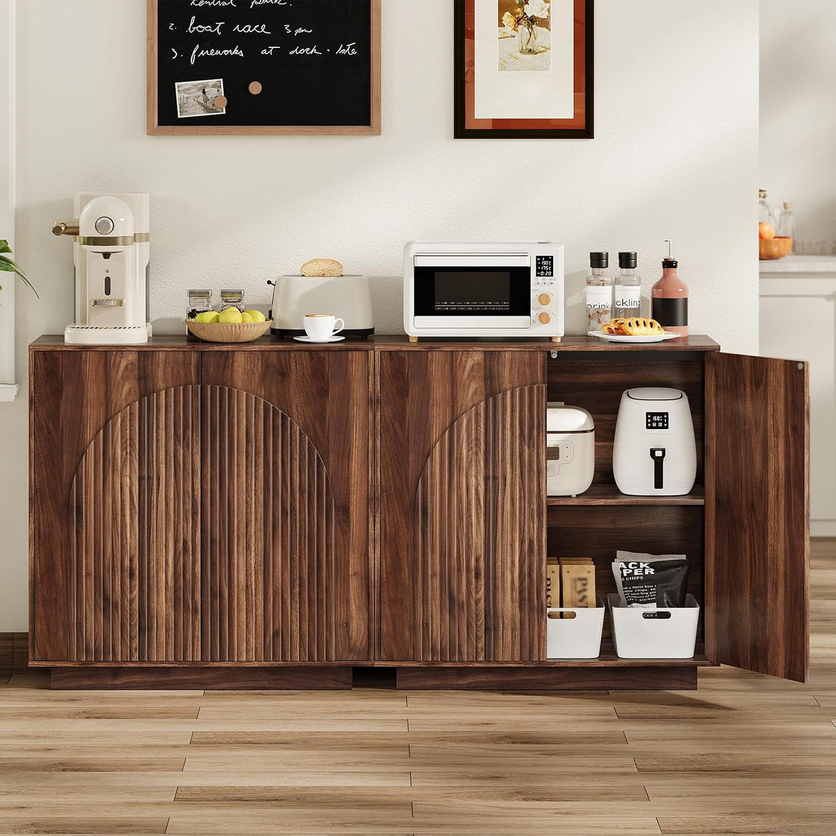 Walnut Push‑Open Buffet Sideboard Cabinet