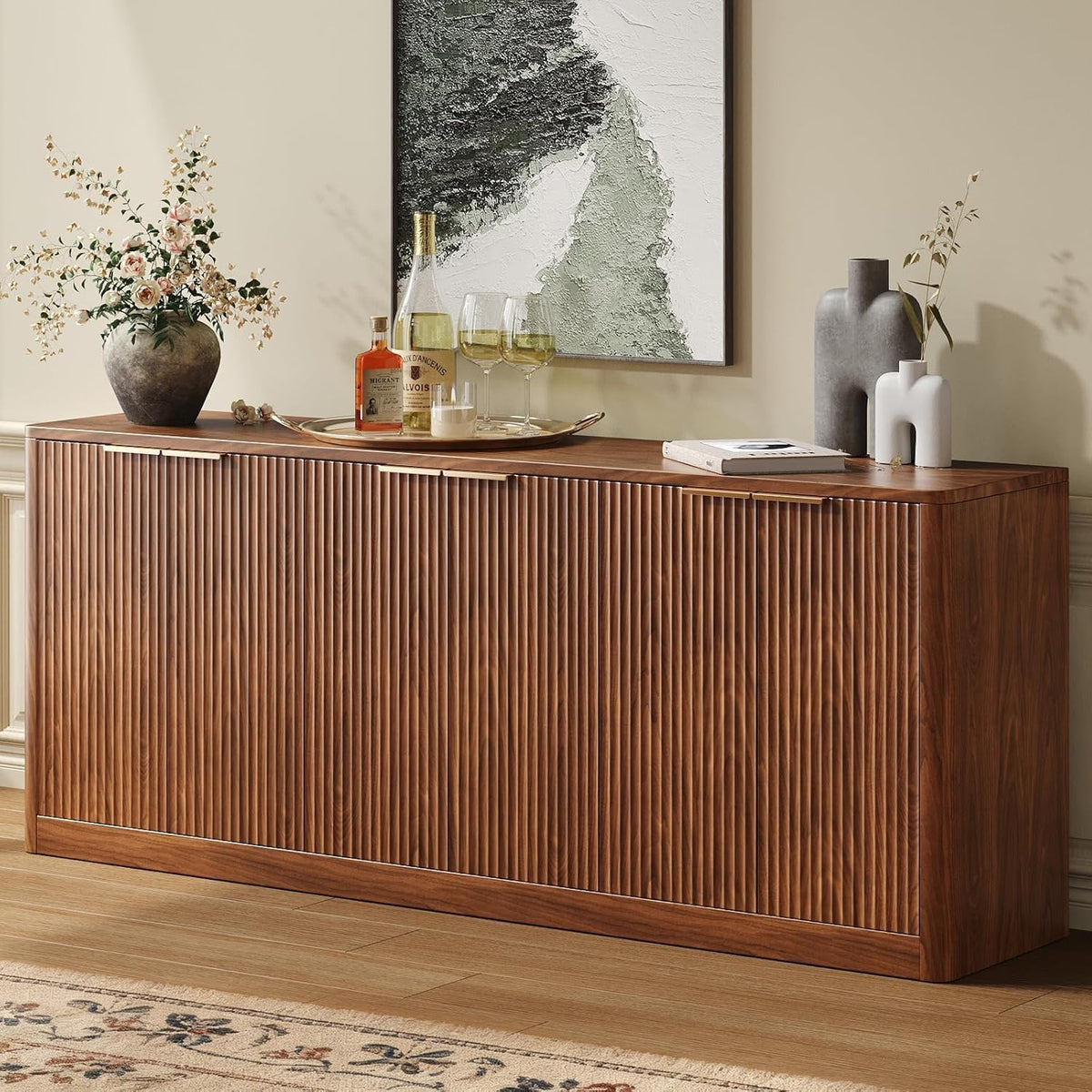 67" Fluted Walnut Buffet Cabinet