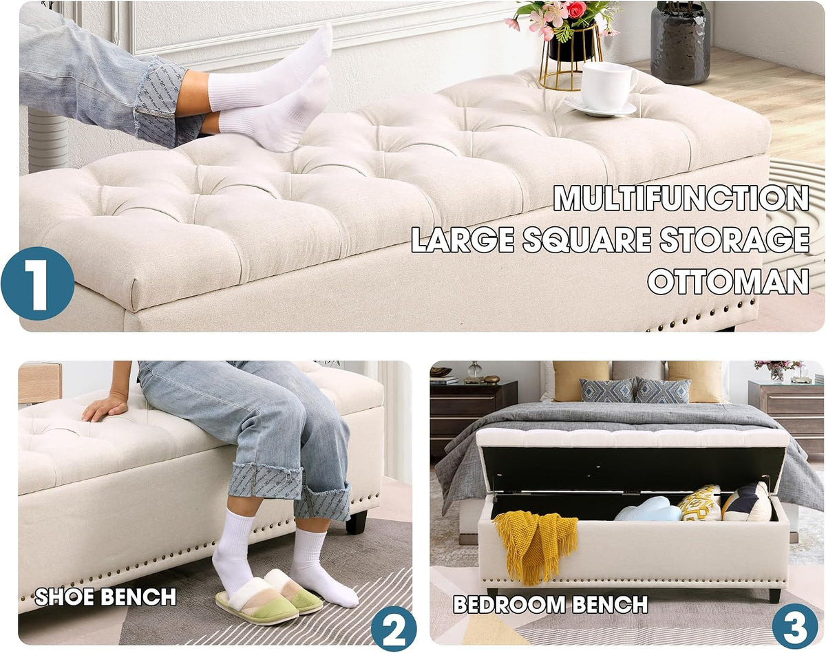 51" Beige Tufted Storage Ottoman Bench