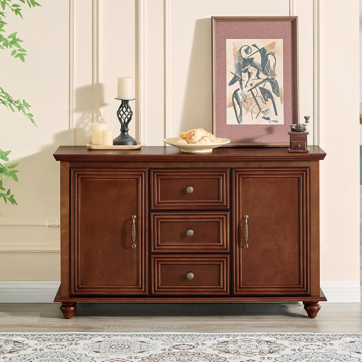 47" Walnut Wood Sideboard Buffet Cabinet
