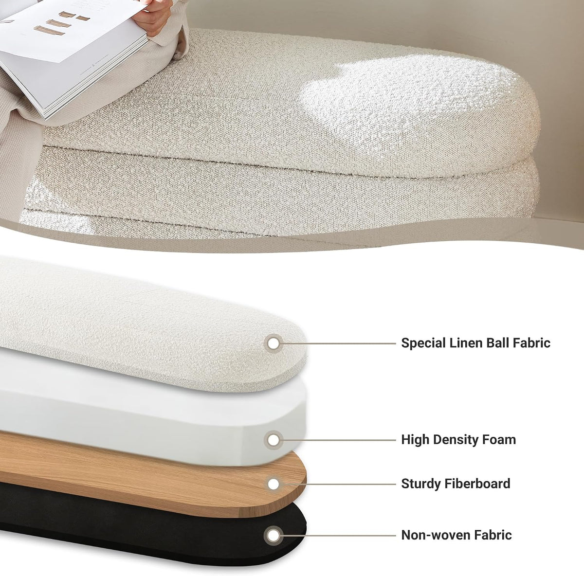 49.2" Ivory Oval Storage Ottoman Bench