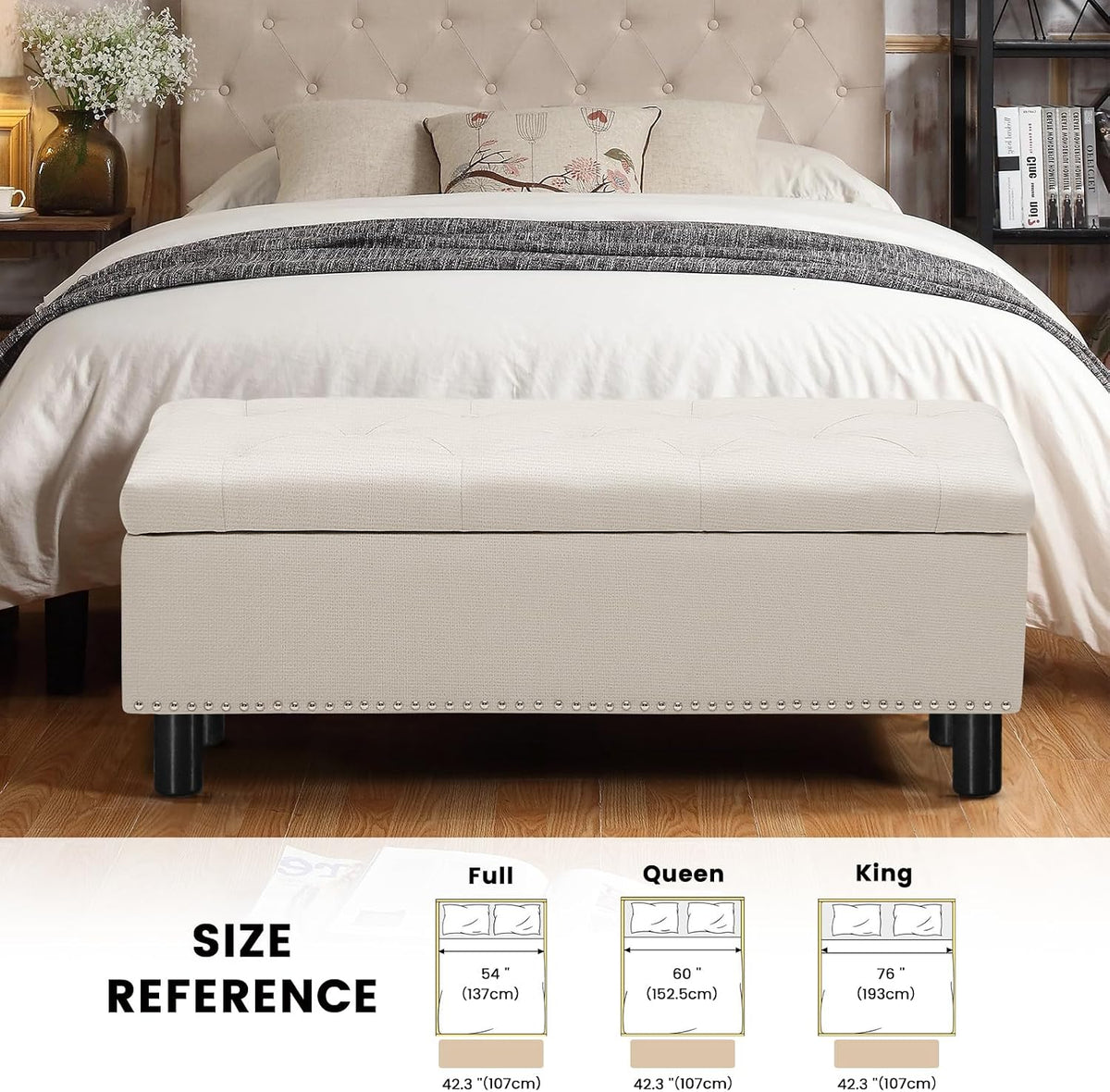 Beige Linen Large Storage Ottoman
