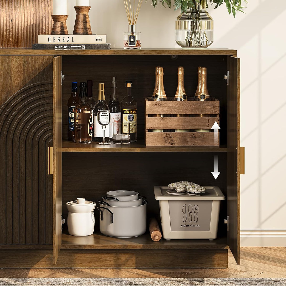 57" Walnut Fluted Sideboard Buffet Cabinet