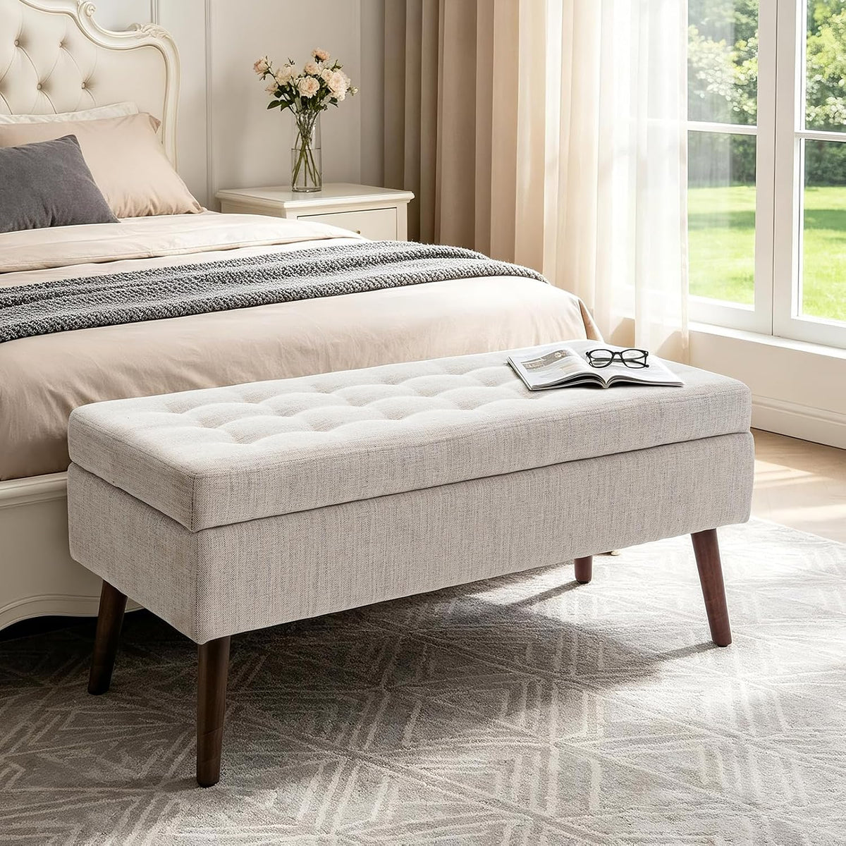 43.3" Beige Linen Tufted Storage Ottoman Bench