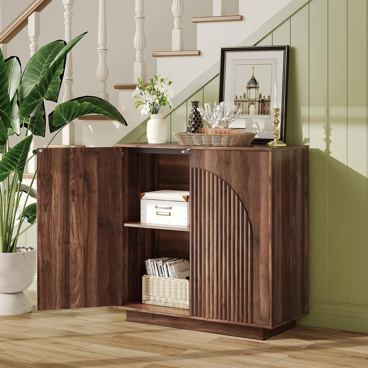 Walnut Push‑Open Buffet Sideboard Cabinet