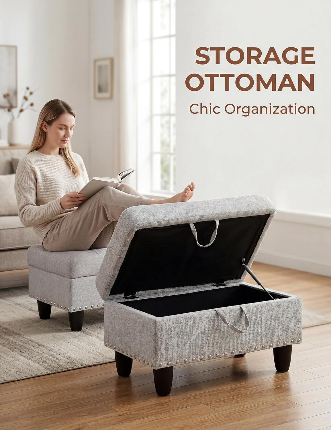28.5" Upholstered Storage Ottoman Bench Gray White