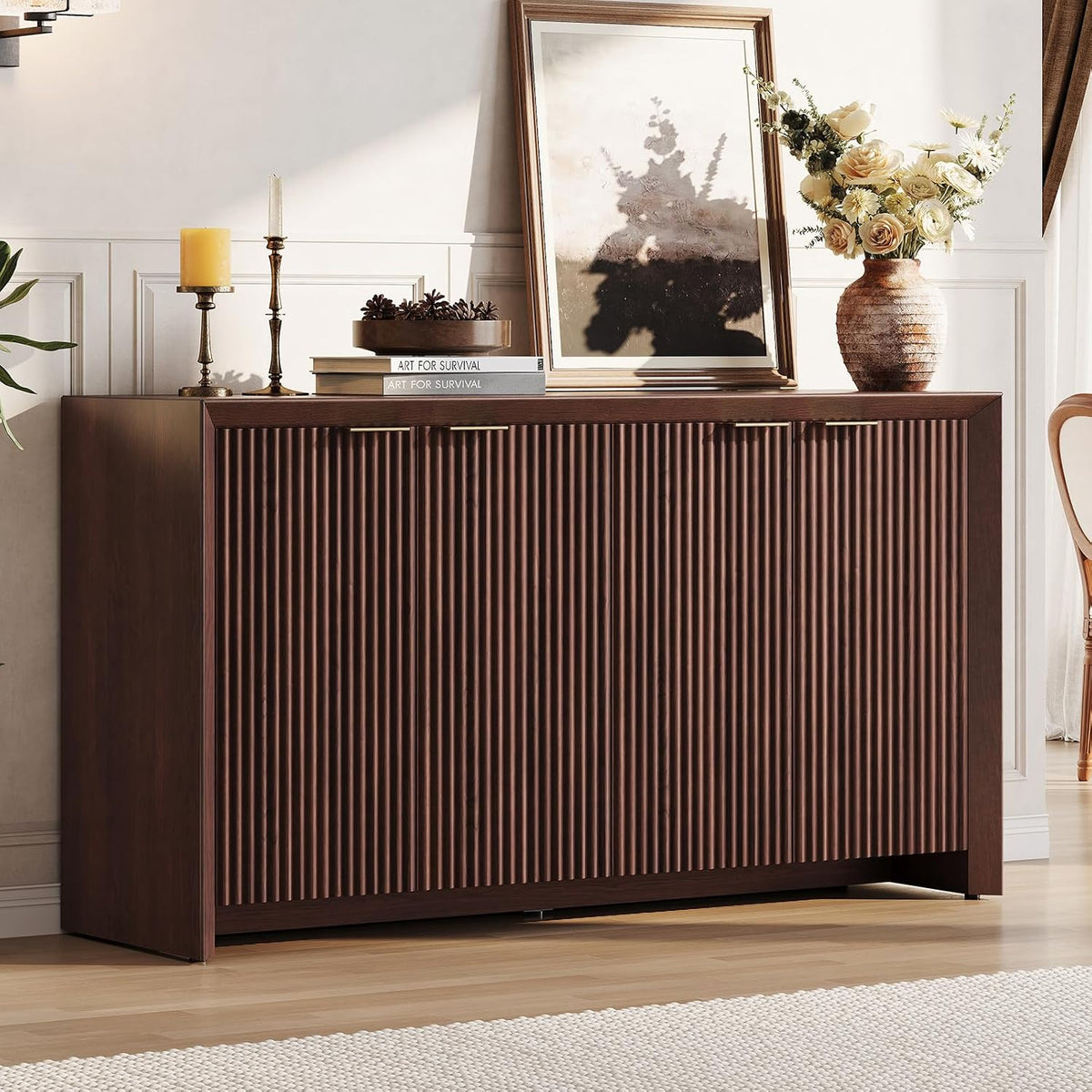 Dark Walnut Modern Fluted Sideboard Cabinet