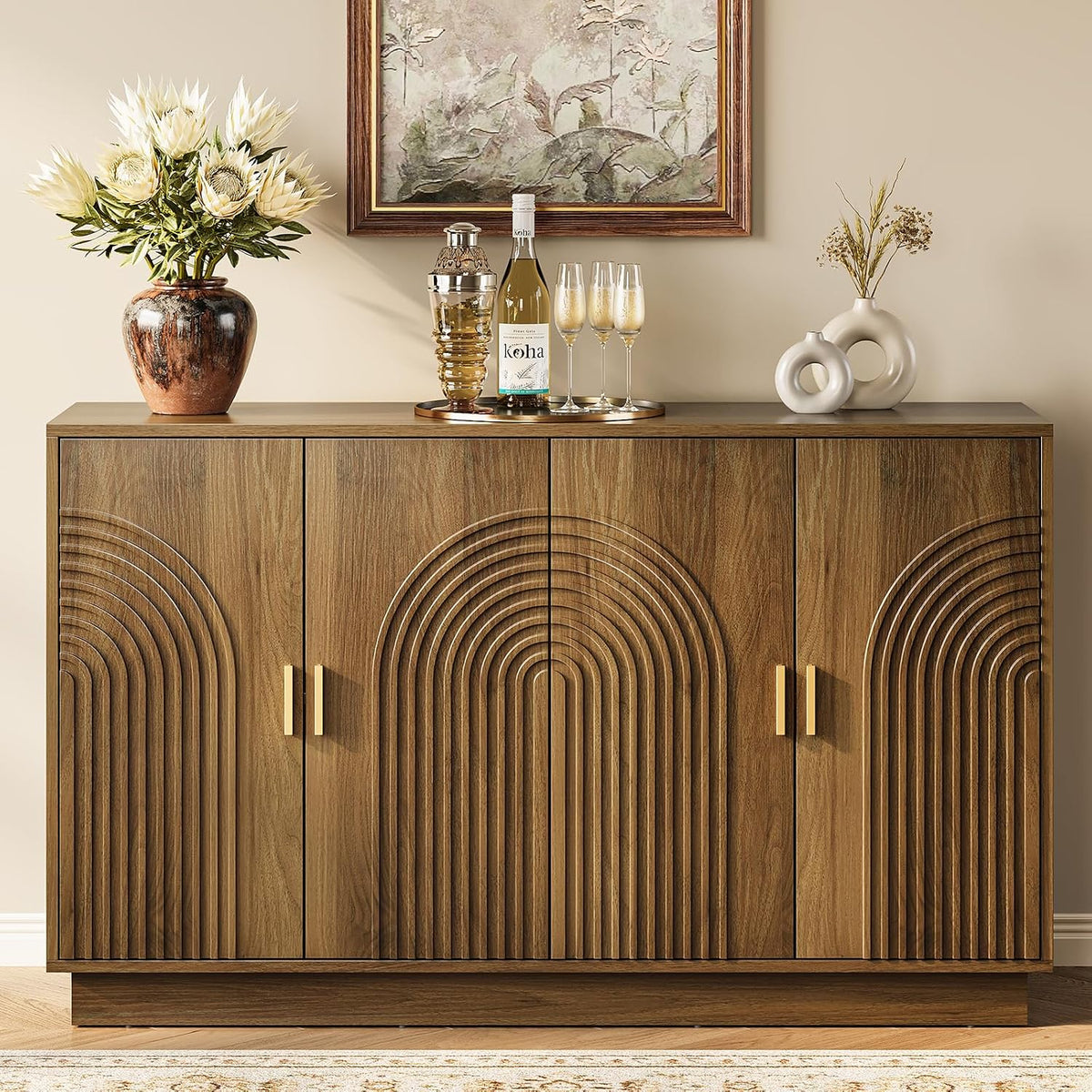 57" Walnut Fluted Sideboard Buffet Cabinet