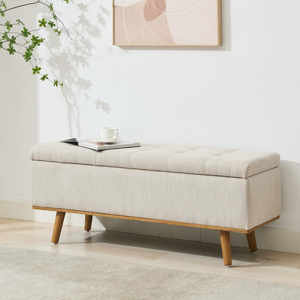 45" Beige Storage Ottoman Bench