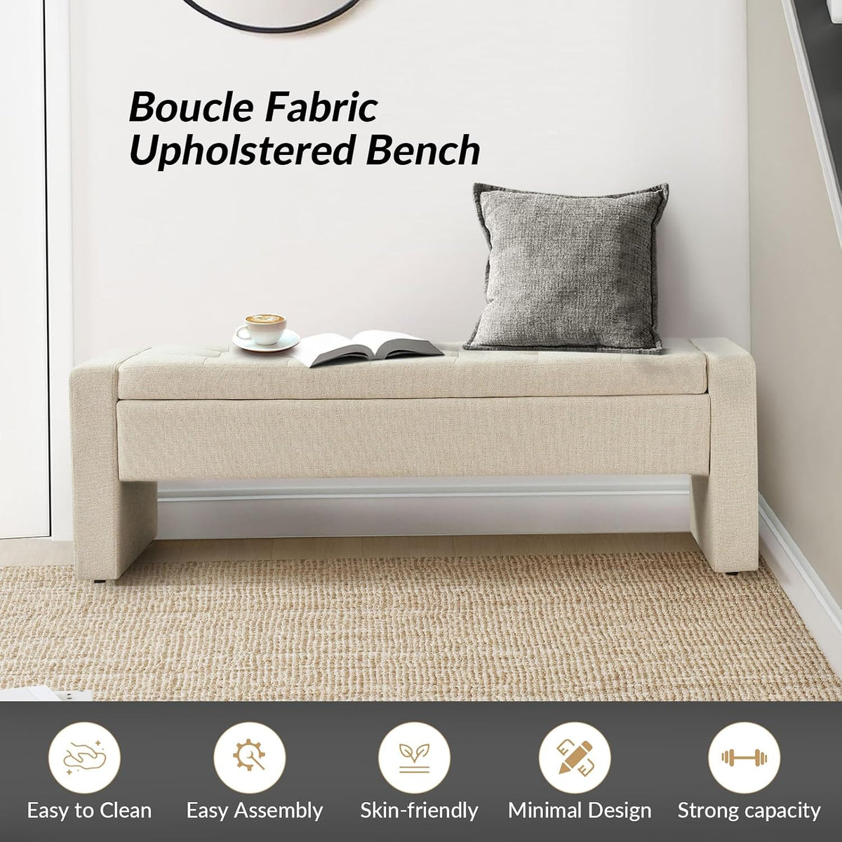 55" Linen Tufted Upholstered Storage Bench