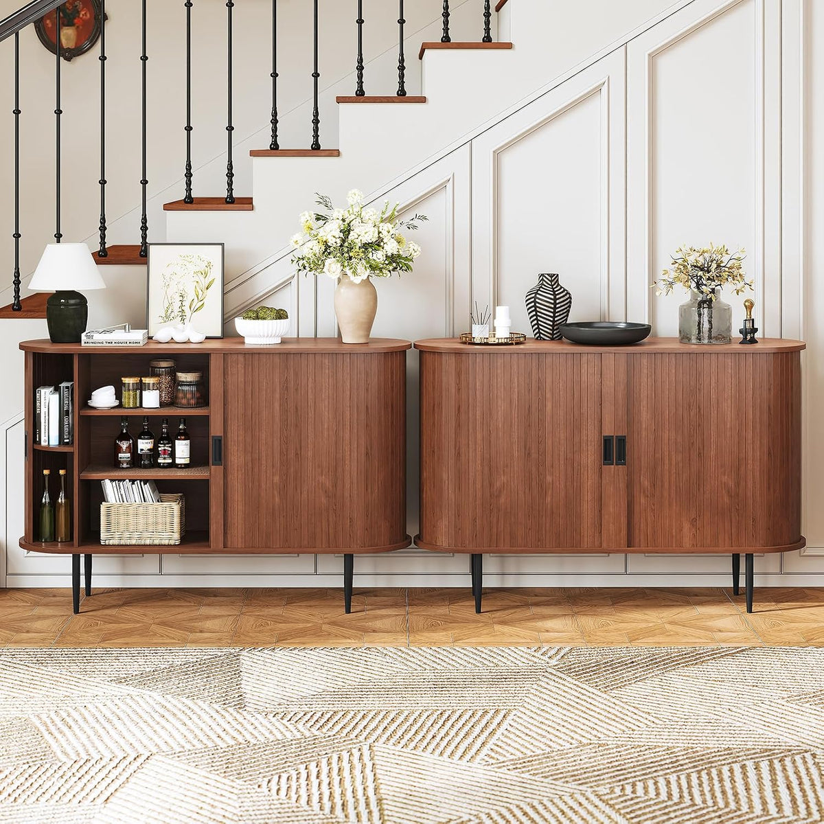 48" Brown Fluted Sliding‑Door Sideboard Cabinet