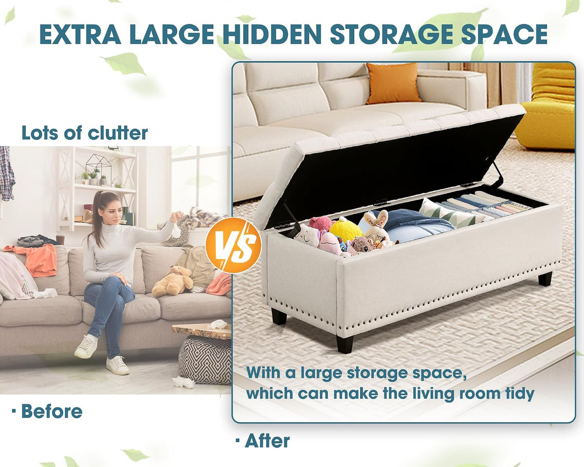 51" Beige Tufted Storage Ottoman Bench
