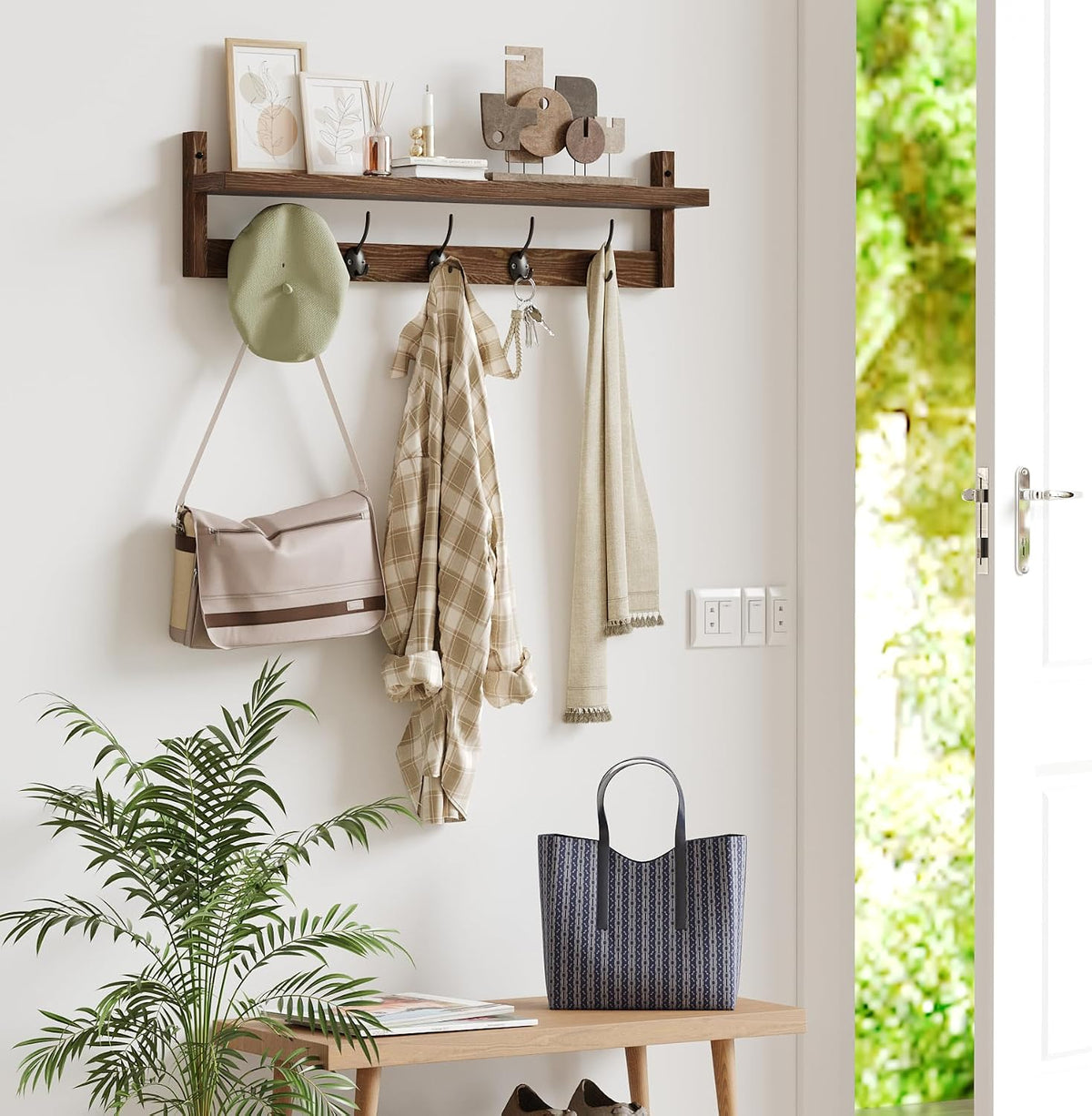 Wood Wall Coat Rack Shelf with 5 Hooks