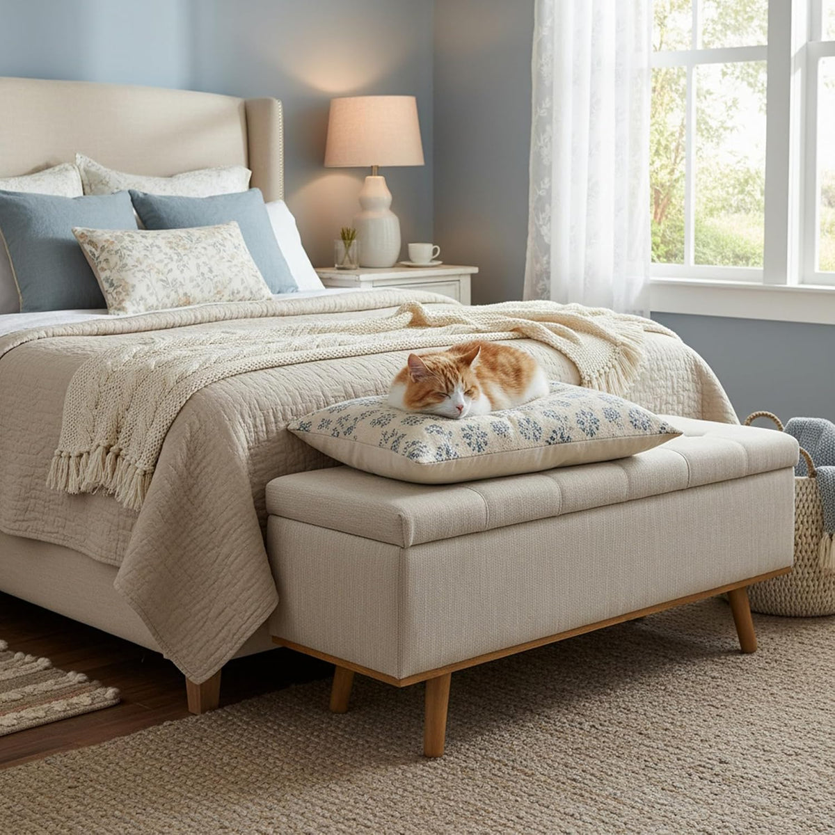 45" Beige Storage Ottoman Bench