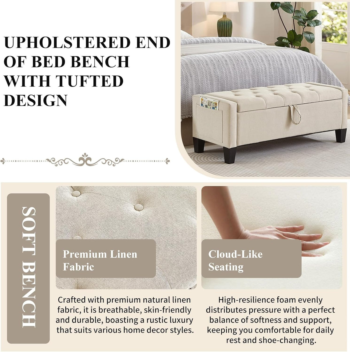 Modern Linen Tufted Storage Ottoman Bench