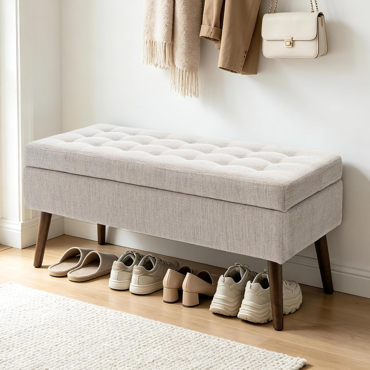 43.3" Beige Linen Tufted Storage Ottoman Bench