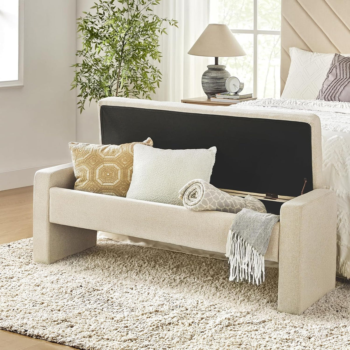 55" Linen Tufted Upholstered Storage Bench