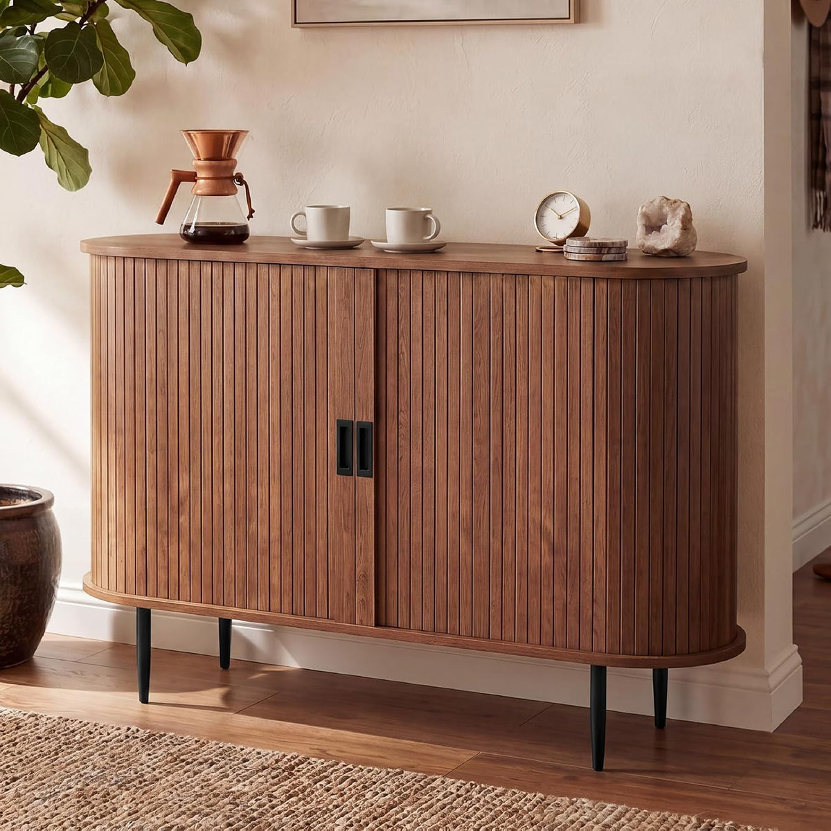 48" Brown Fluted Sliding‑Door Sideboard Cabinet