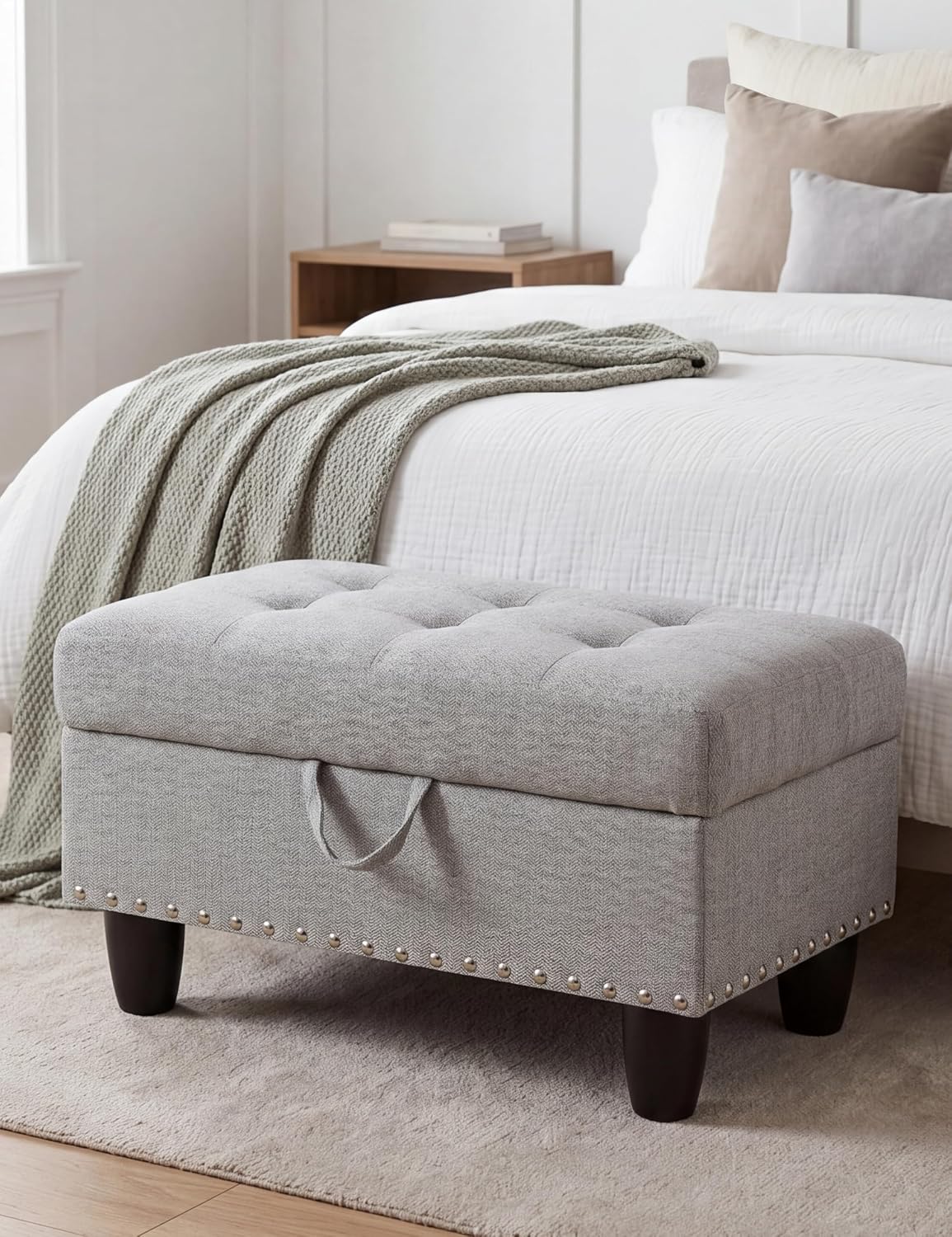 28.5" Upholstered Storage Ottoman Bench Gray White