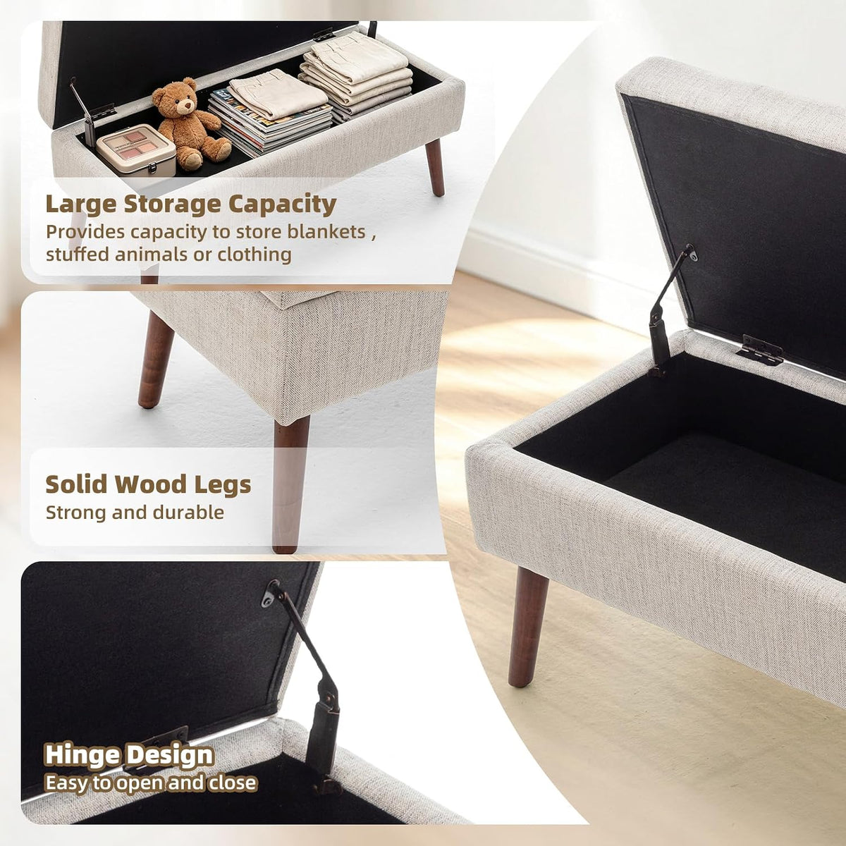 43.3" Beige Linen Tufted Storage Ottoman Bench