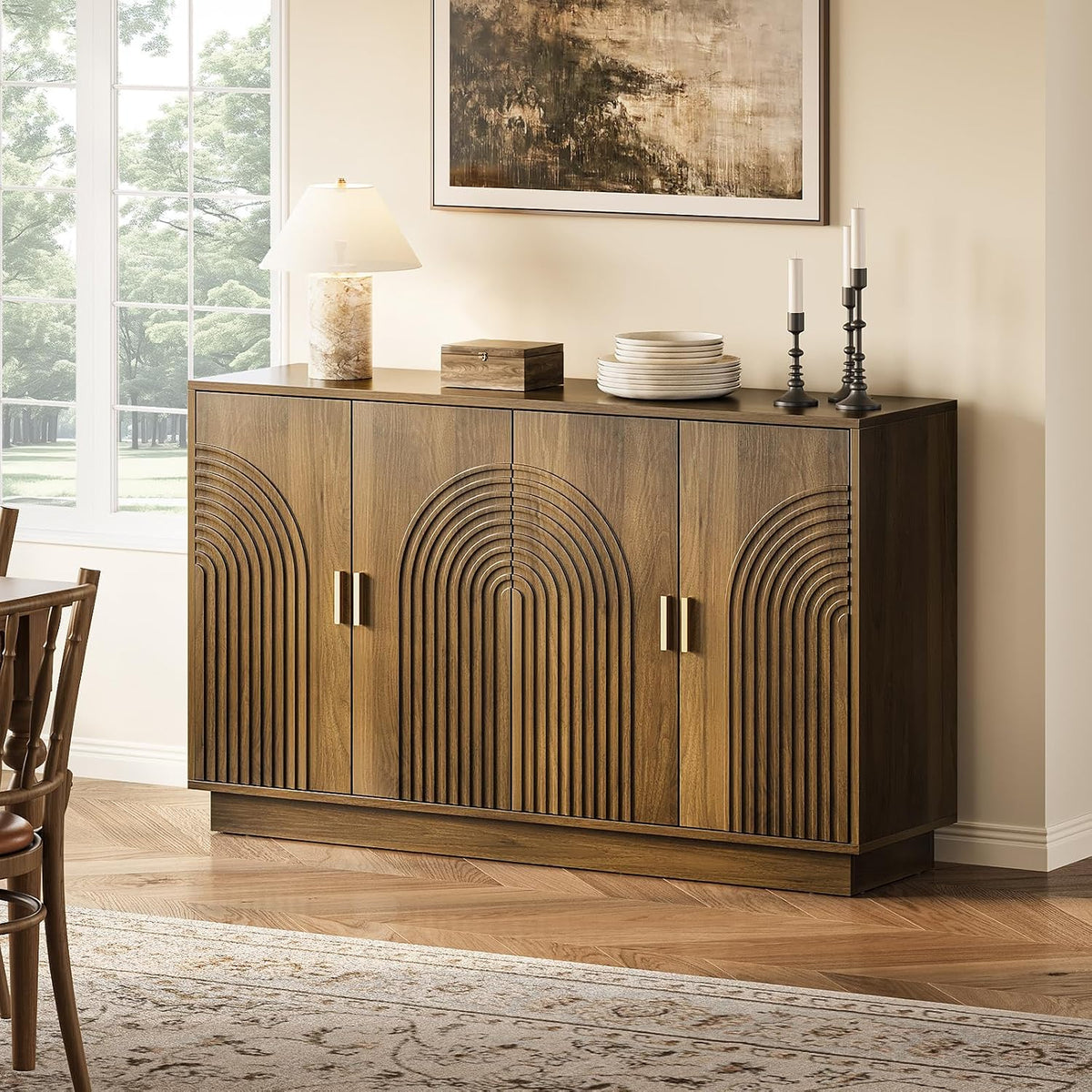 57" Walnut Fluted Sideboard Buffet Cabinet