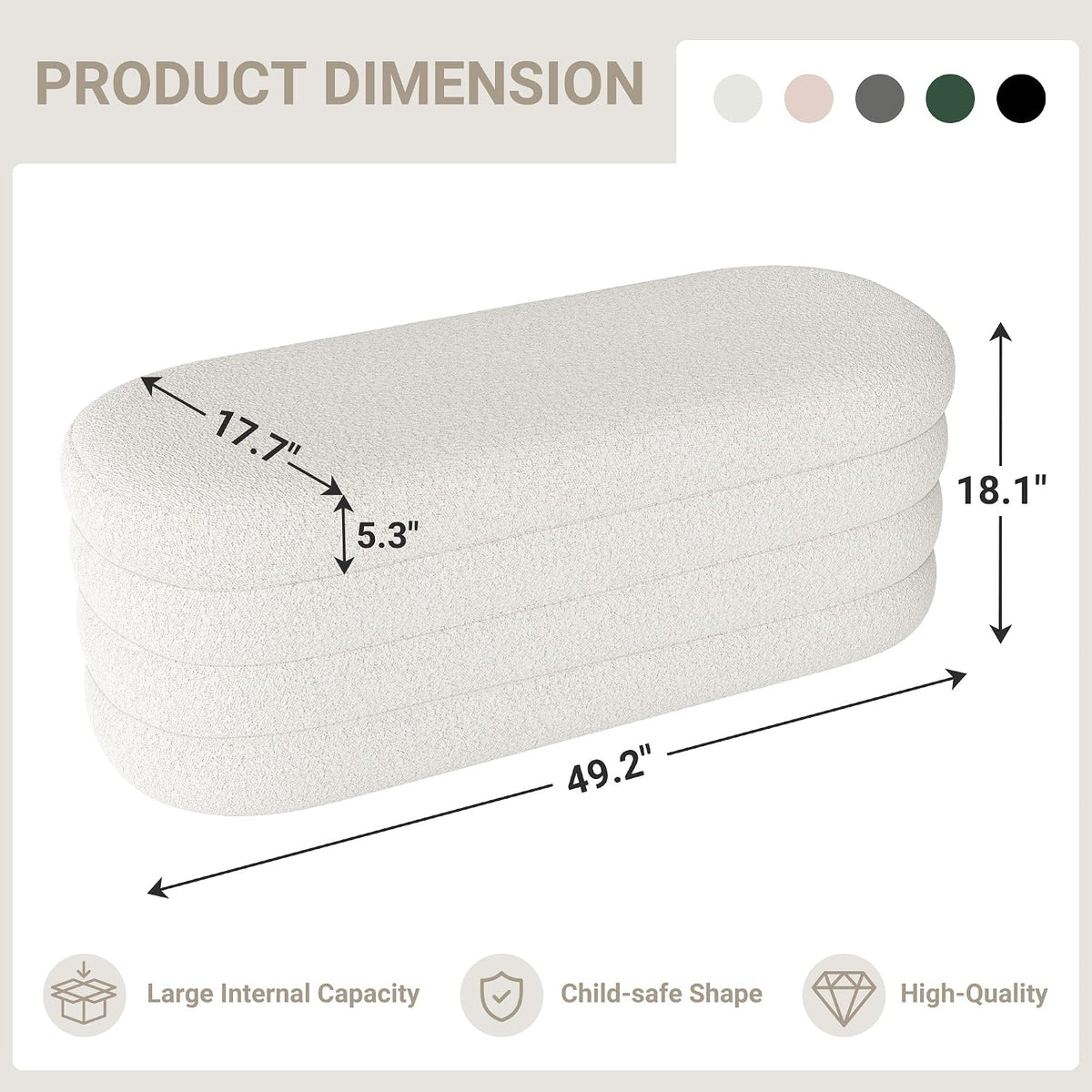 49.2" Ivory Oval Storage Ottoman Bench