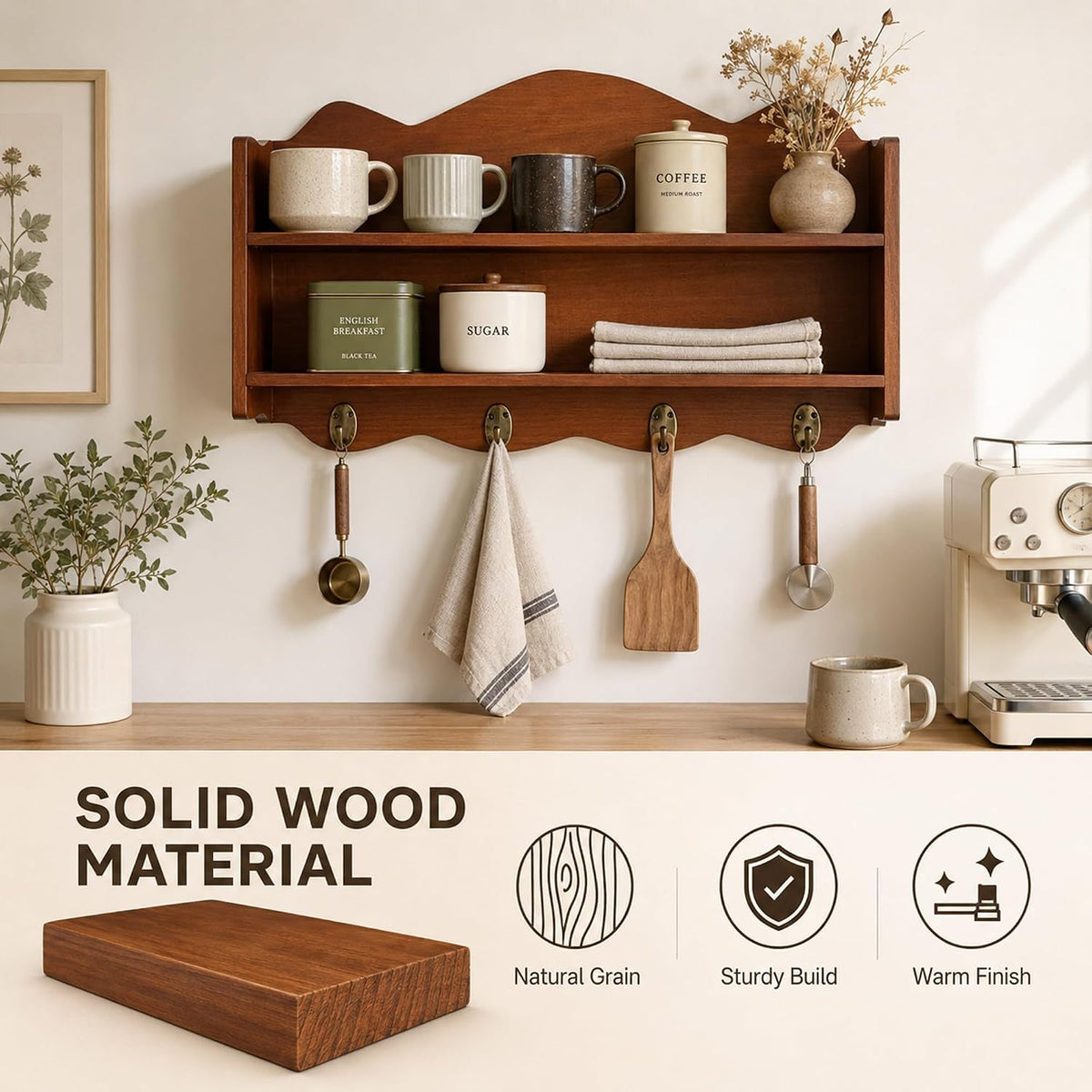 Vintage Solid Wood Wall Shelf with Metal Hooks
