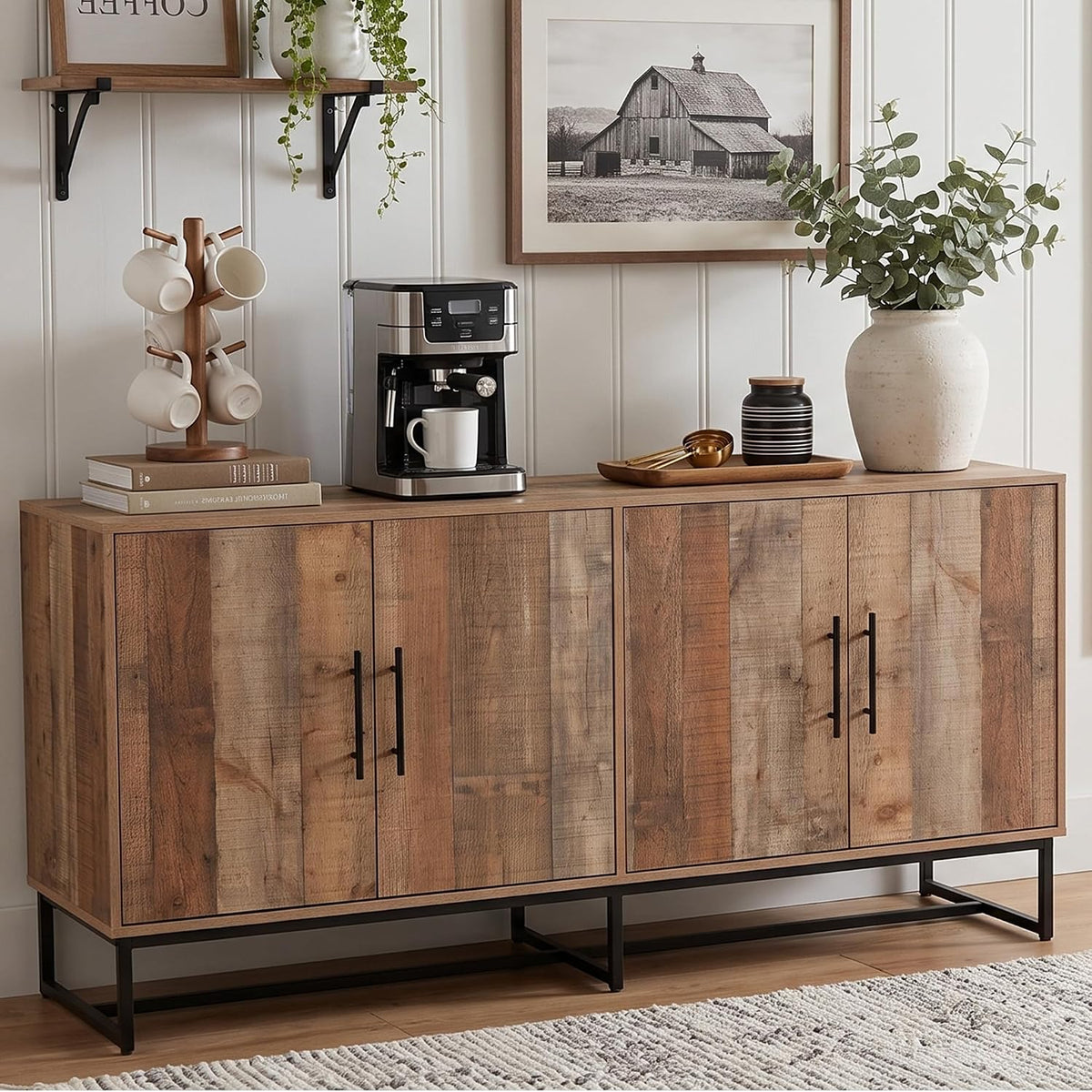 63" Mid‑Century Modern Wood Buffet Sideboard Cabinet