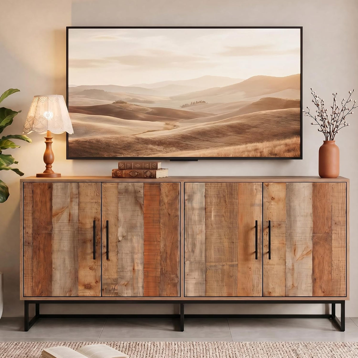 63" Mid‑Century Modern Wood Buffet Sideboard Cabinet