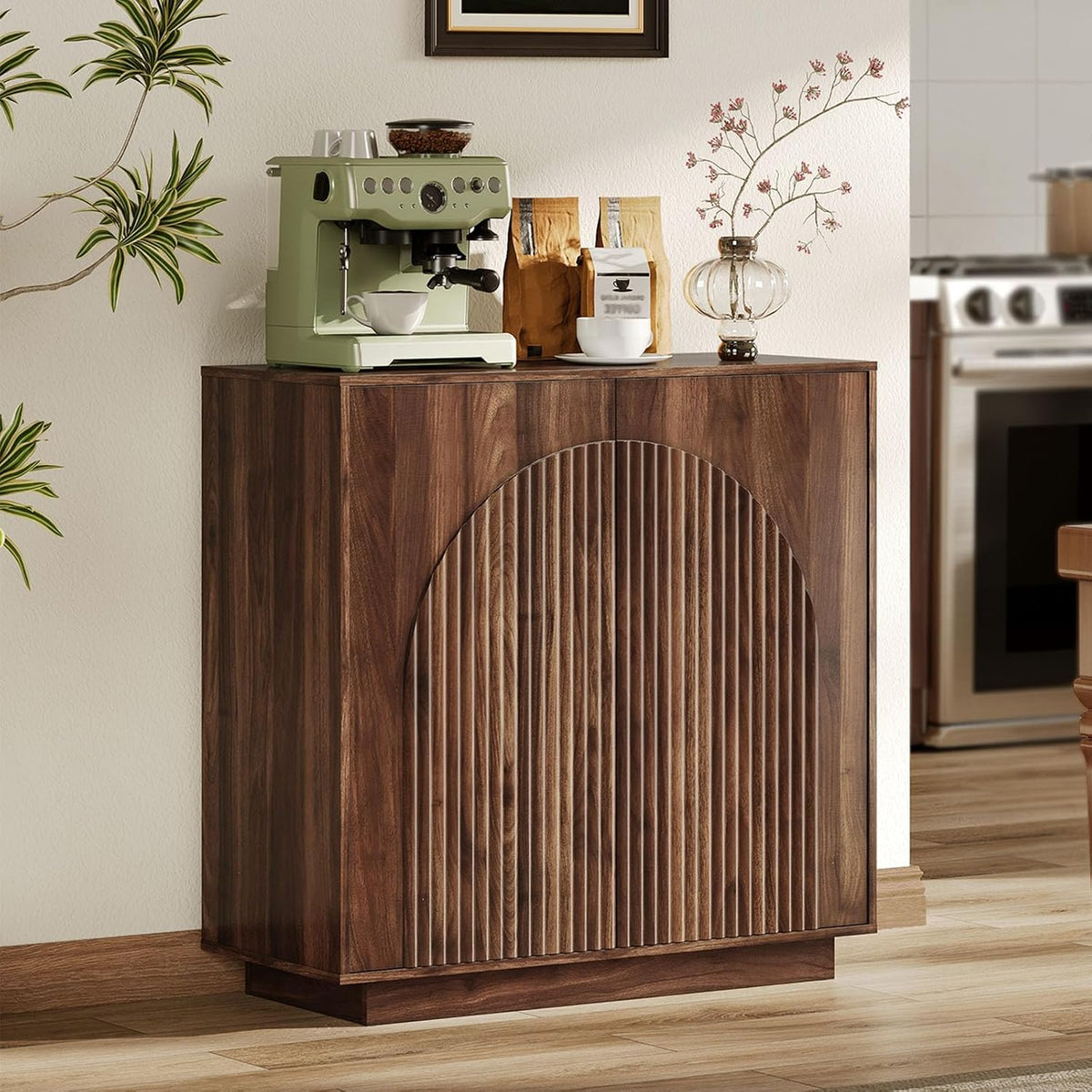 Walnut Push‑Open Buffet Sideboard Cabinet
