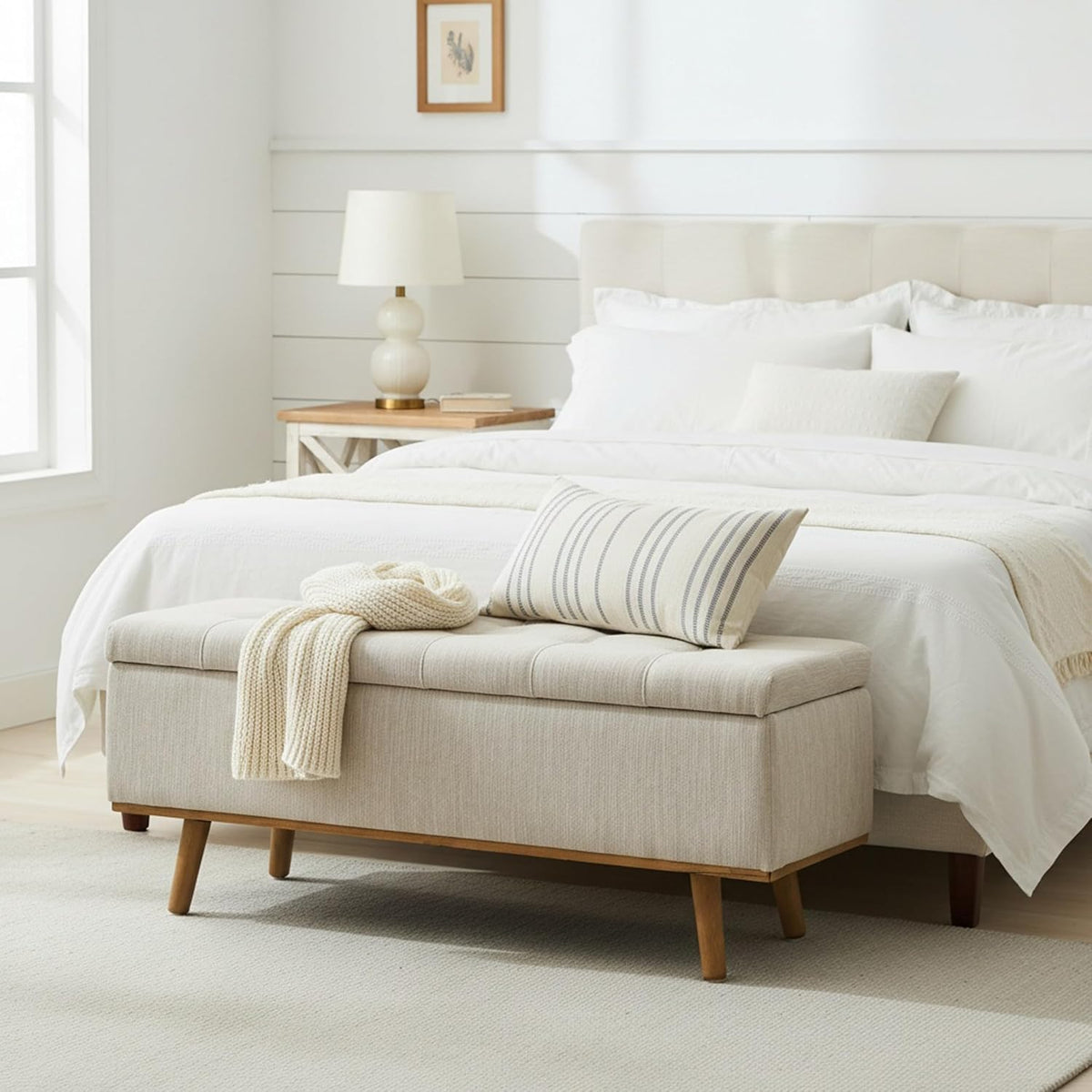 45" Beige Storage Ottoman Bench