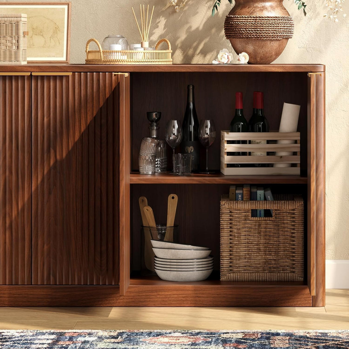 67" Fluted Walnut Buffet Cabinet