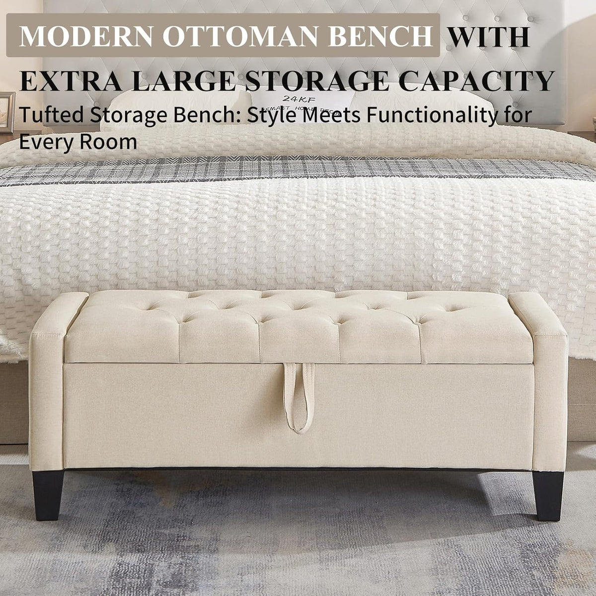 Modern Linen Tufted Storage Ottoman Bench