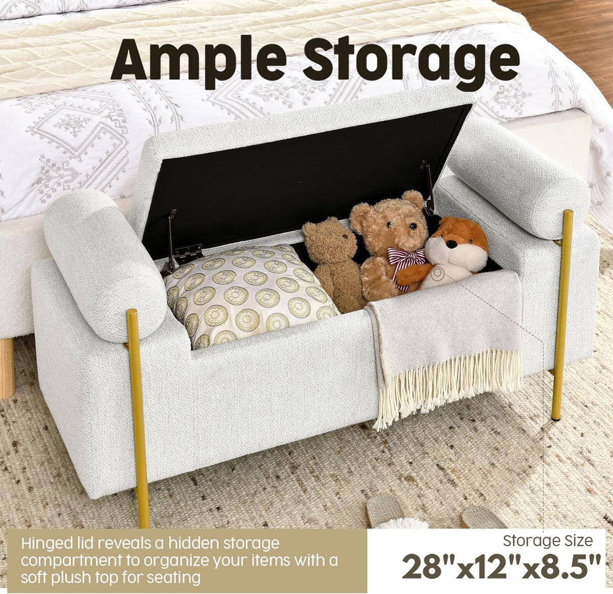 Modern Linen Storage Ottoman Bench with Gold Legs