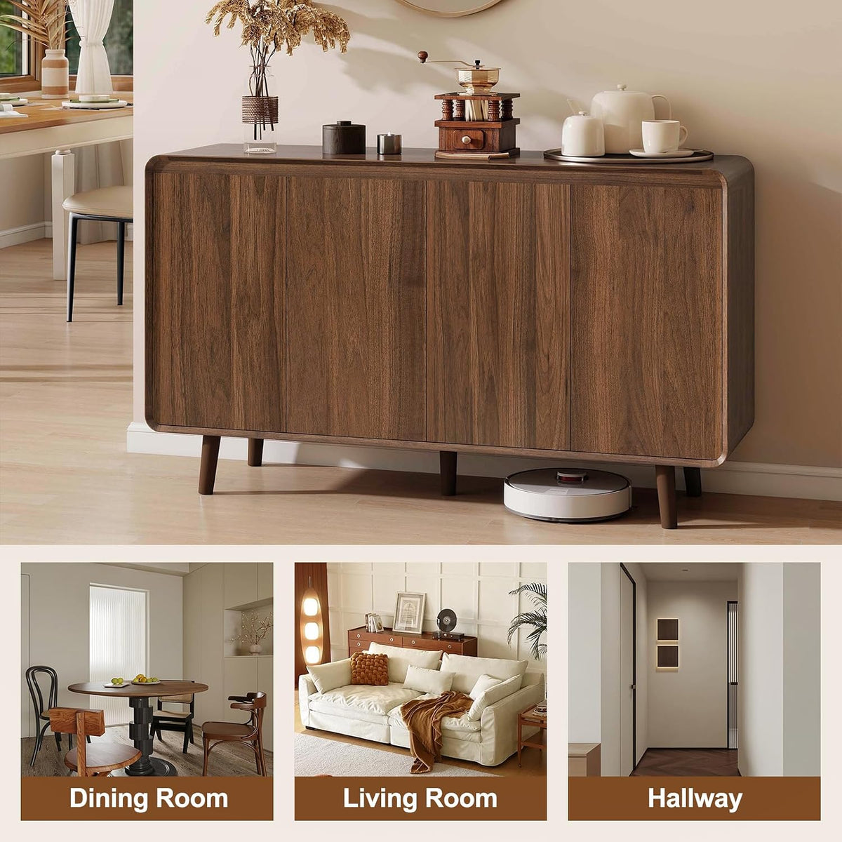55" Walnut Retro Sideboard Buffet Cabinet