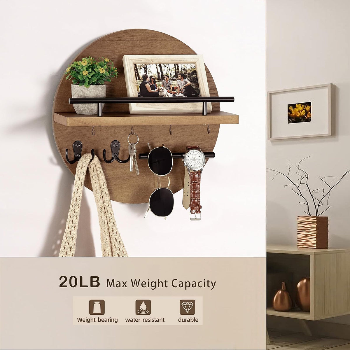 Key Holder Wall Mount Shelf with Hooks