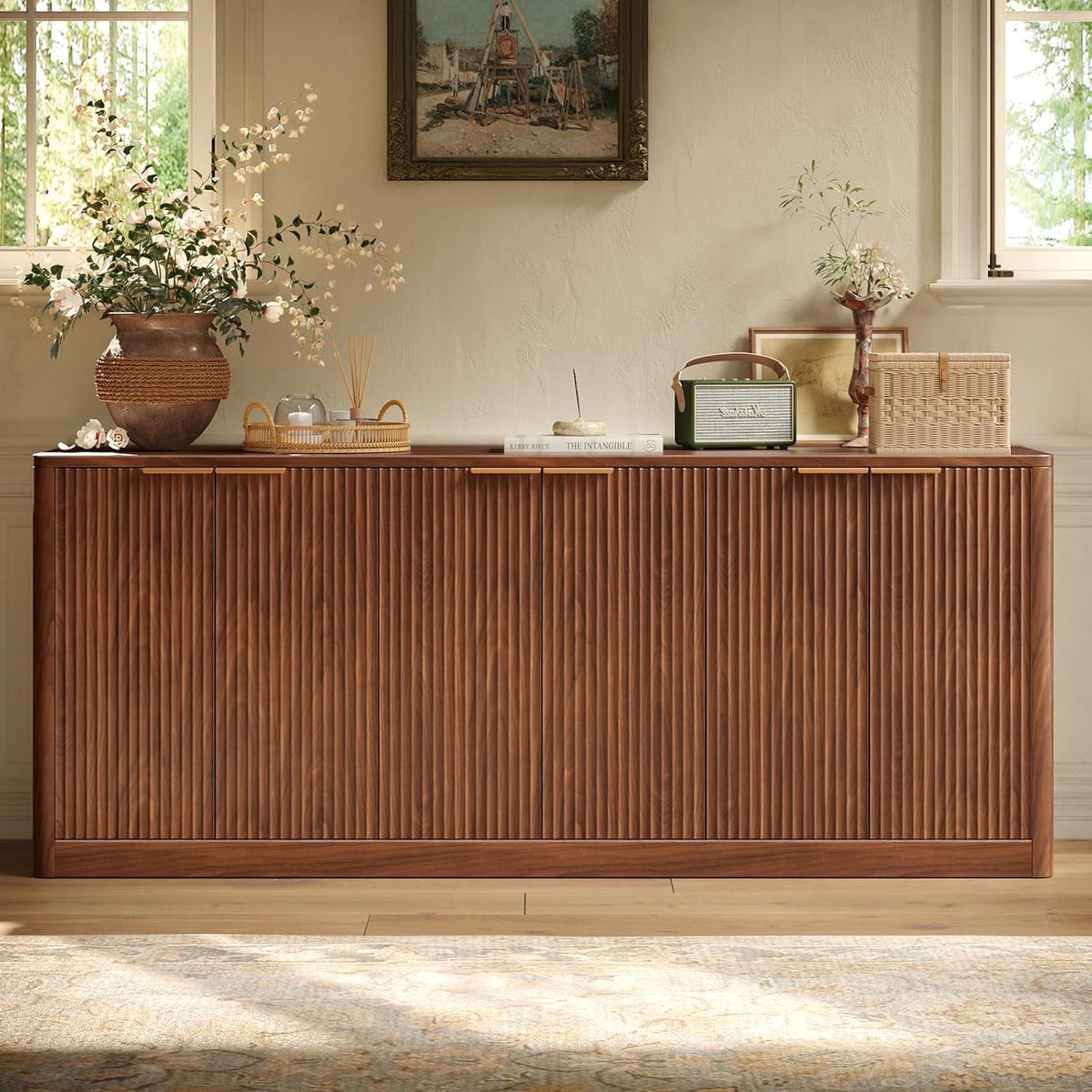 67" Fluted Walnut Buffet Cabinet