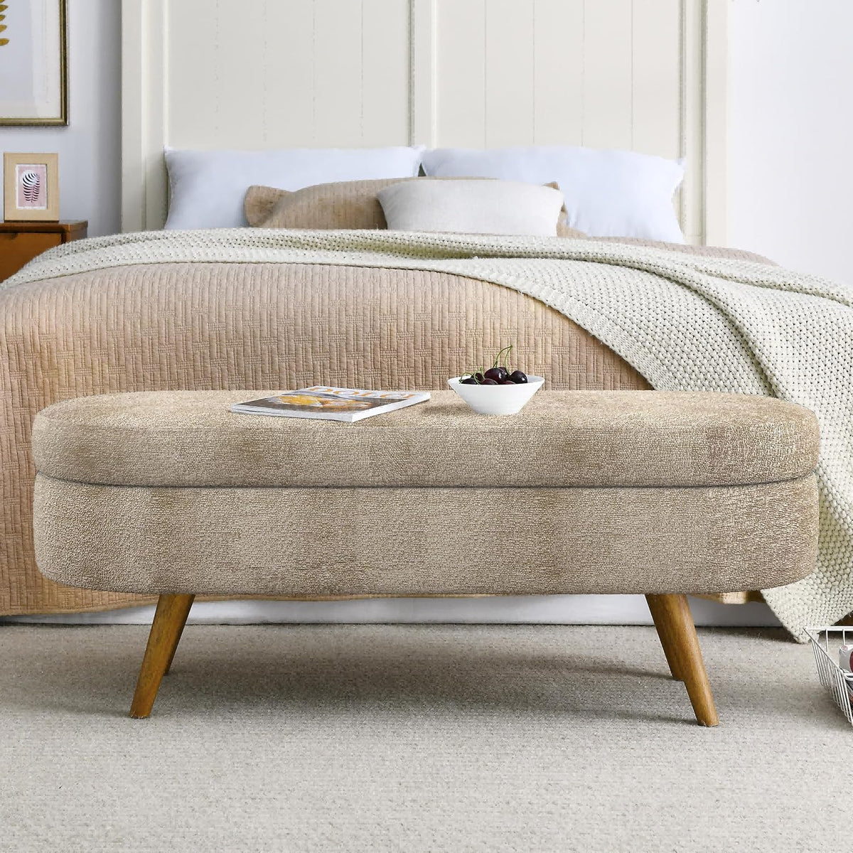 43.5" Brown Upholstered Storage Ottoman Bench