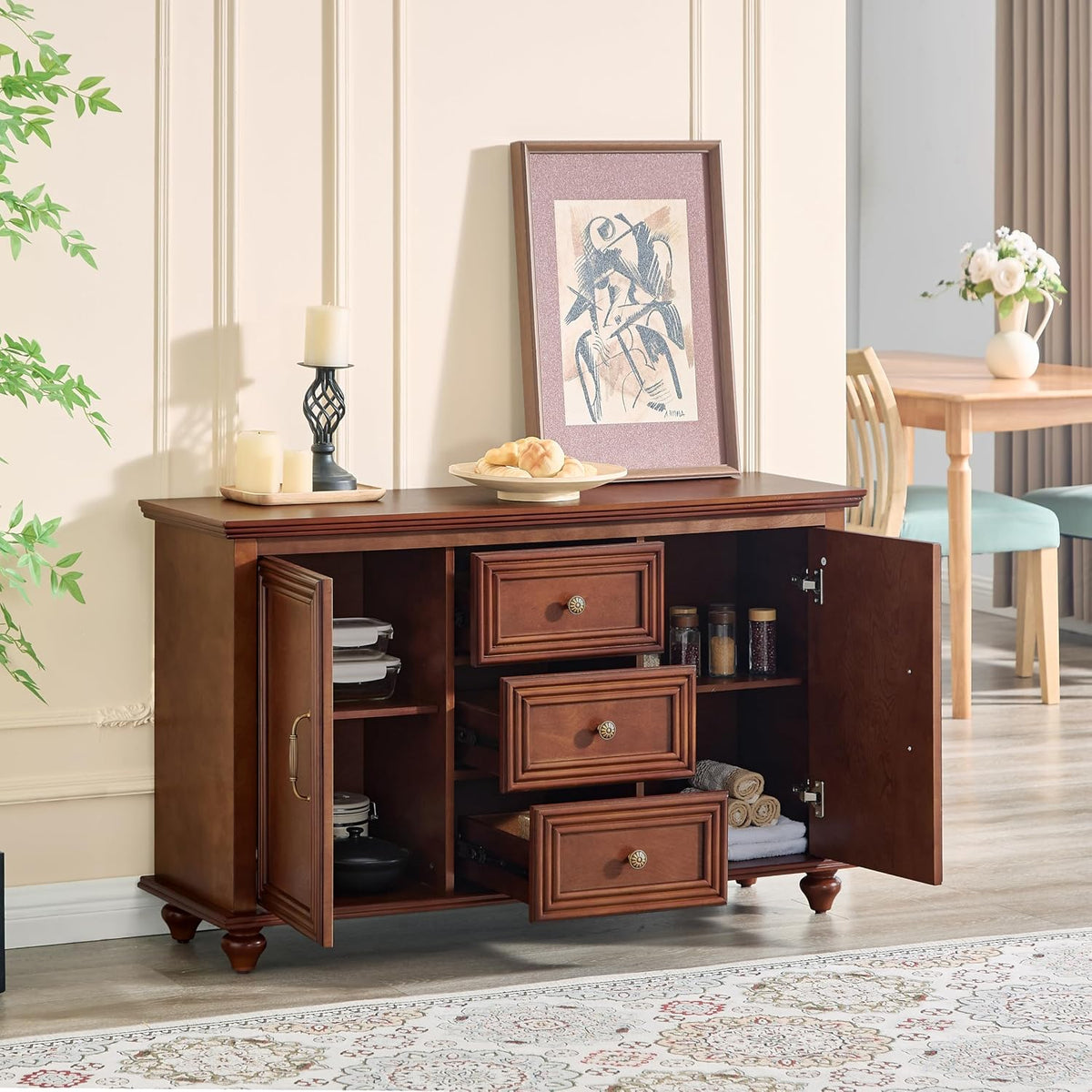 47" Walnut Wood Sideboard Buffet Cabinet