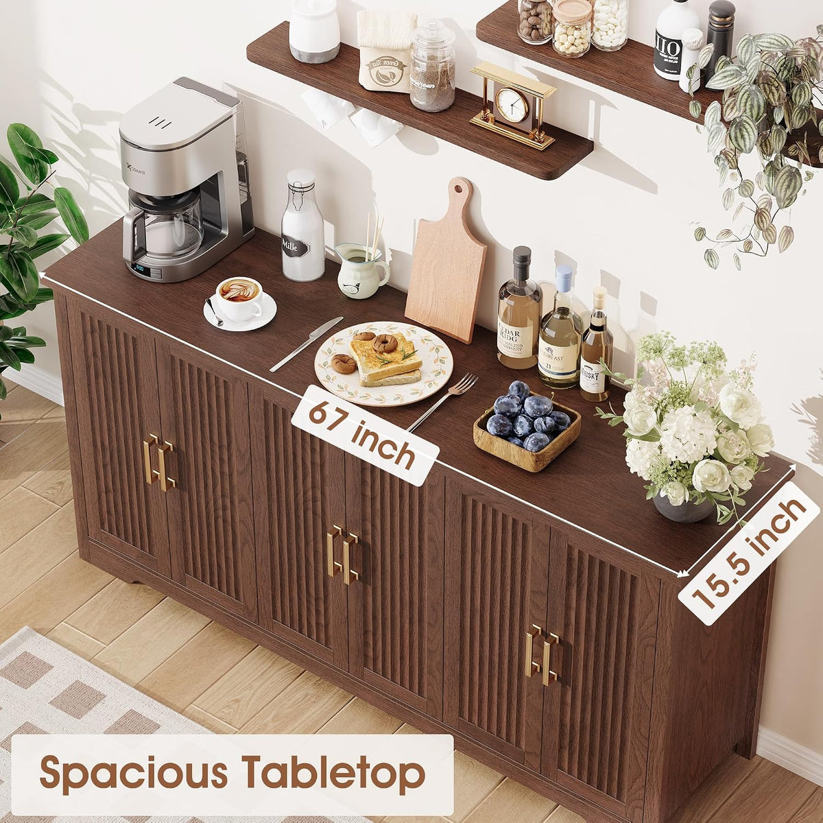 67" 6‑Door Fluted Mid‑Century Buffet Cabinet