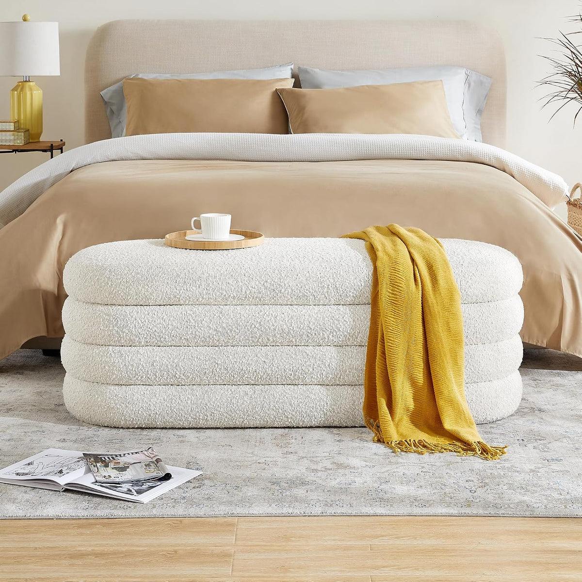 49.2" Ivory Oval Storage Ottoman Bench