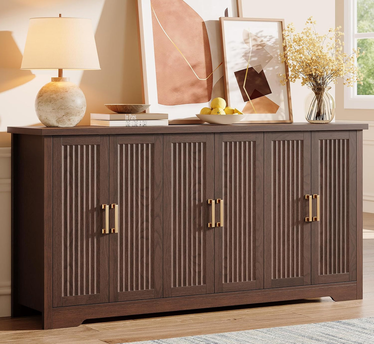 67" 6‑Door Fluted Mid‑Century Buffet Cabinet