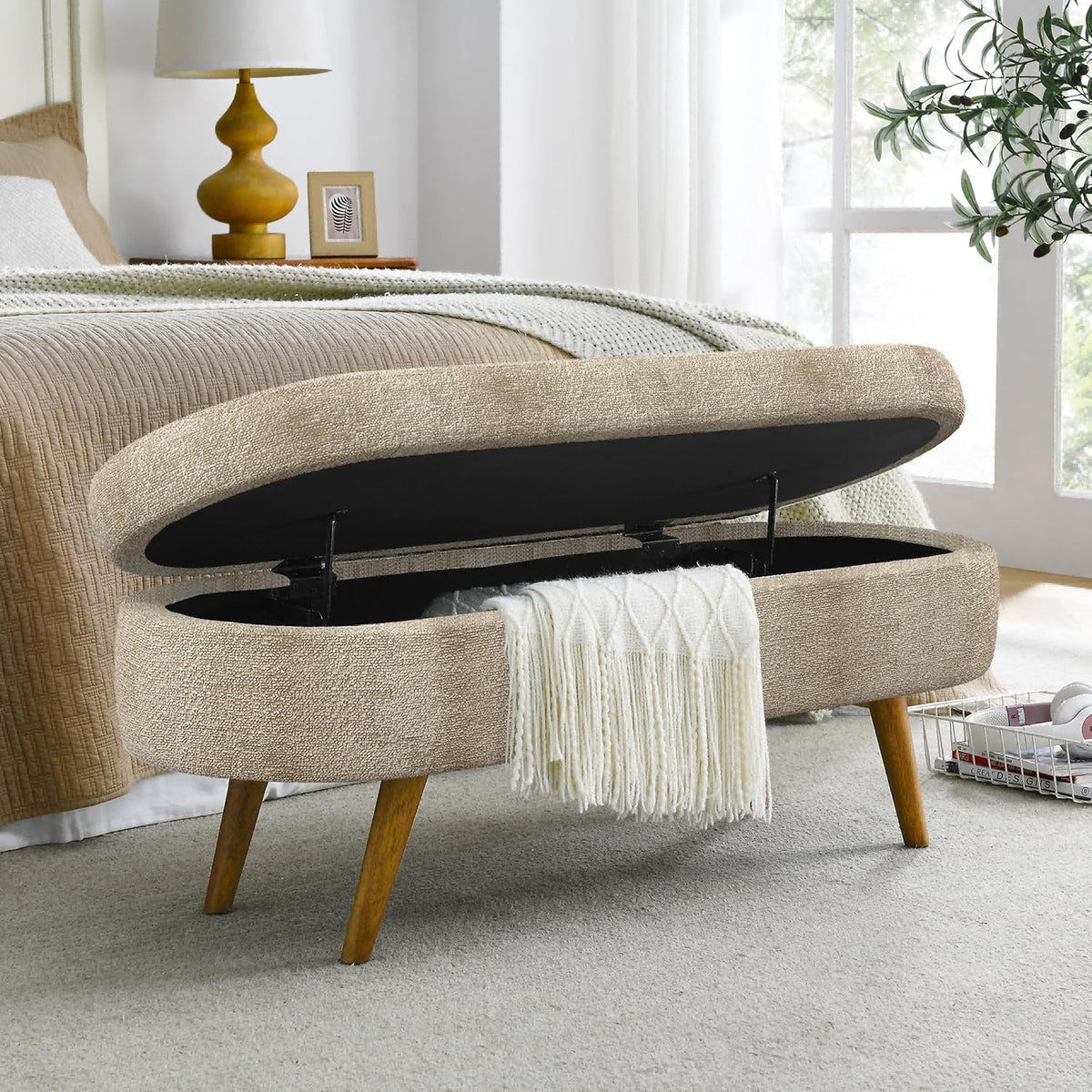 43.5" Brown Upholstered Storage Ottoman Bench