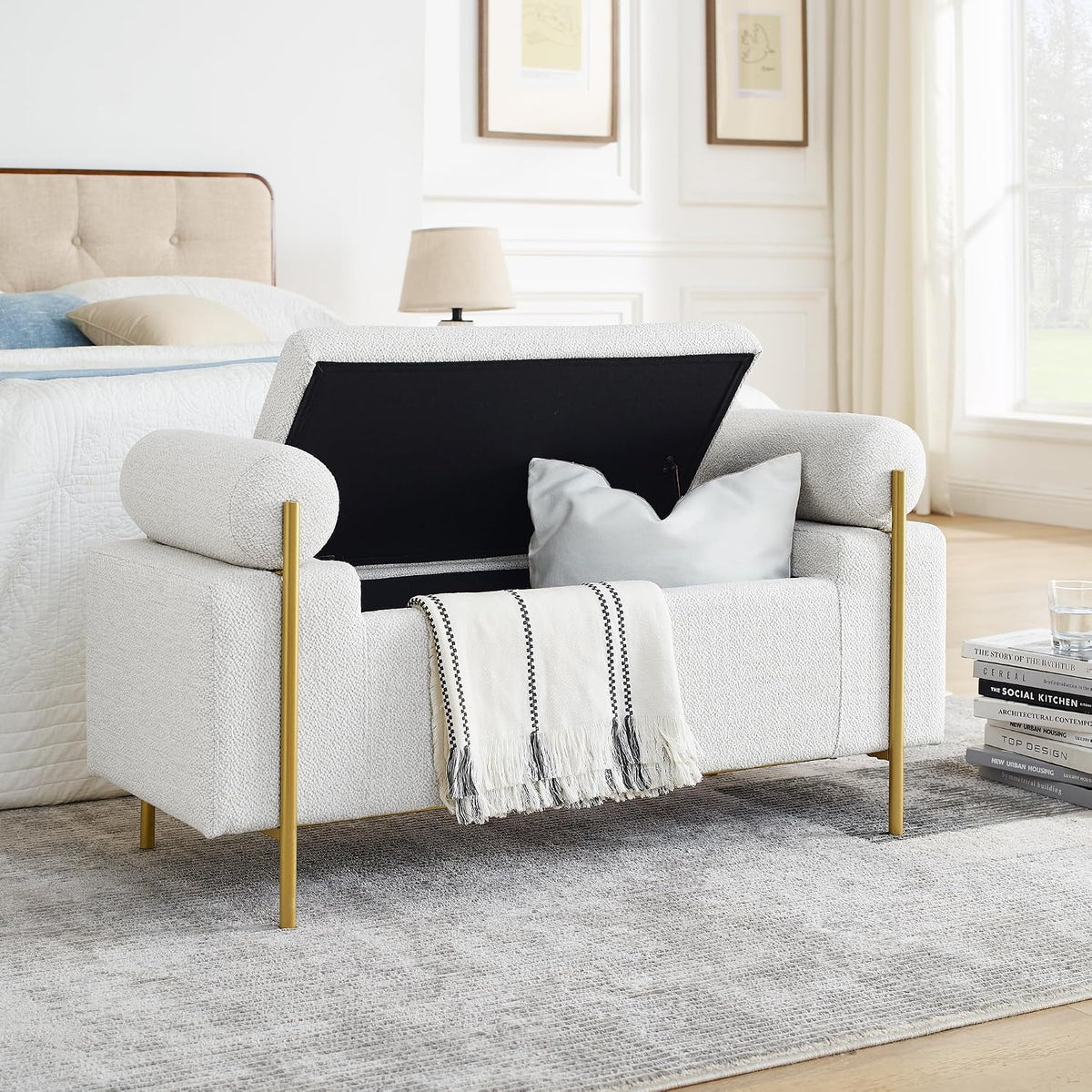 Modern Linen Storage Ottoman Bench with Gold Legs